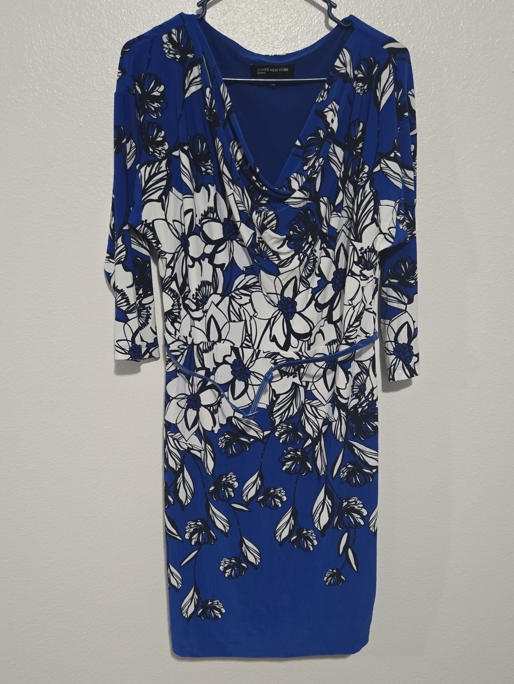 Jones New York Royal Blue & White Floral Faux-Wrap Midi Dress